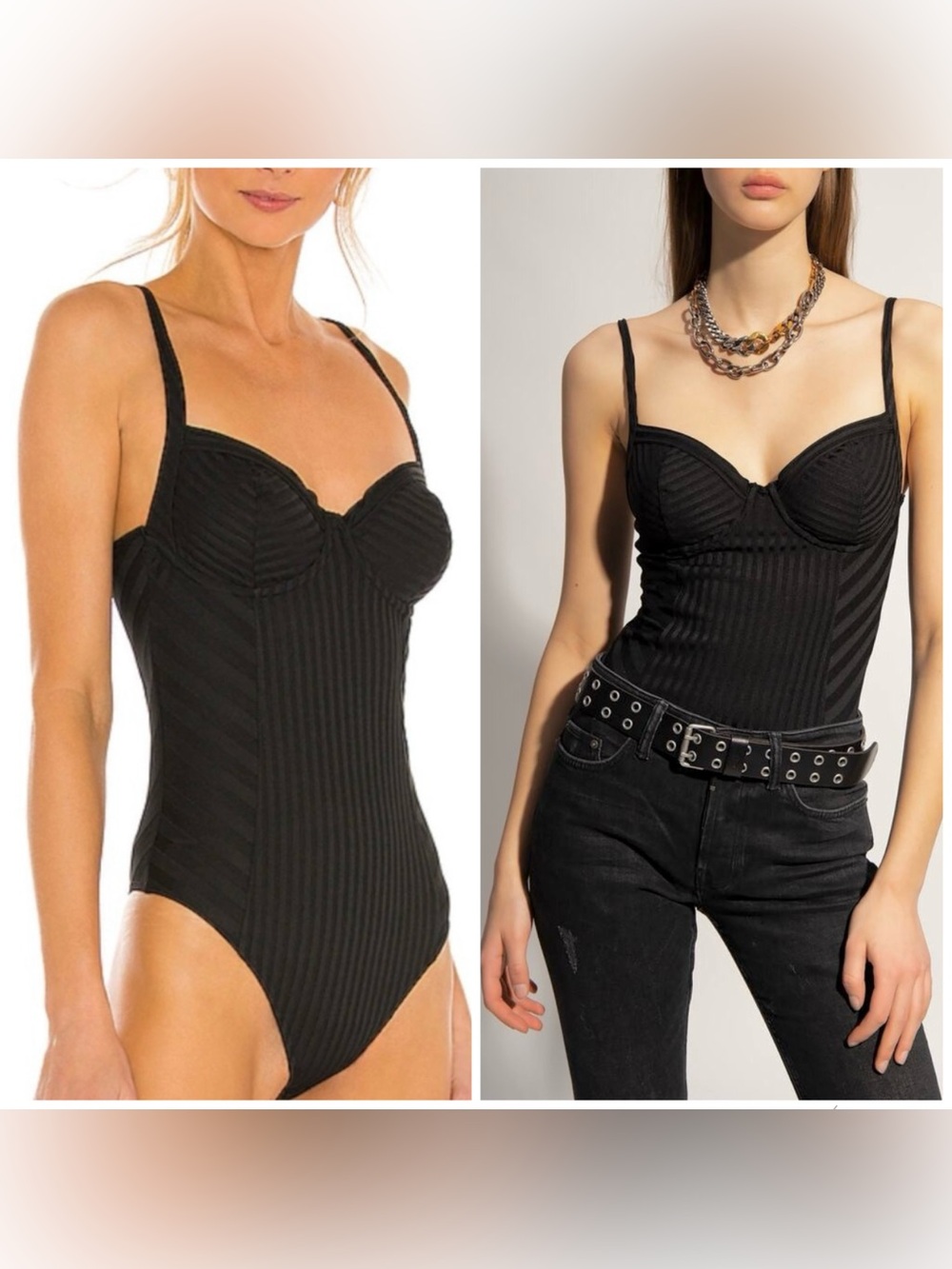 ALLSAINTS Bustier Corset Bodysuit Yuni Ribbed Goth Edgy Y2K Black Minimalist